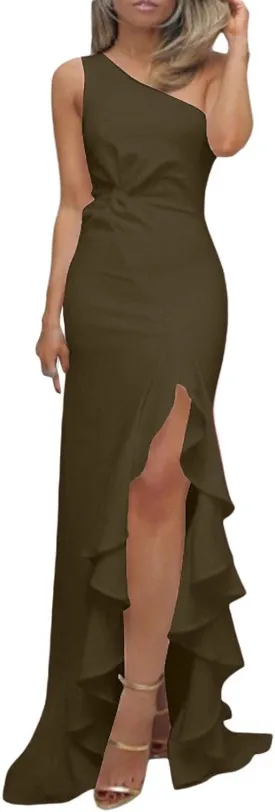 Women's Summer Formal Wedding Guest Dress Off Shoulder High Slit Maxi Bodycorn Dress Ruffle Hem Long Dresses