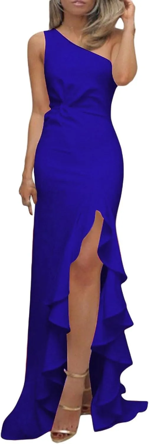 Women's Summer Formal Wedding Guest Dress Off Shoulder High Slit Maxi Bodycorn Dress Ruffle Hem Long Dresses