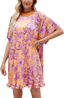 Women's Summer Vintage Velvet Dress Floral Printed Mini Flowy Dress Round Neck Short Sleeve Dress