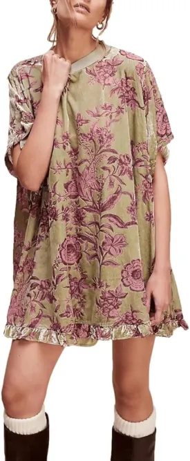 Women's Summer Vintage Velvet Dress Floral Printed Mini Flowy Dress Round Neck Short Sleeve Dress