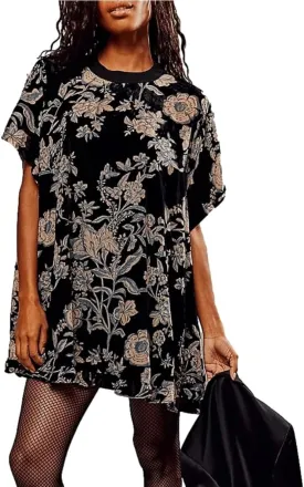 Women's Summer Vintage Velvet Dress Floral Printed Mini Flowy Dress Round Neck Short Sleeve Dress