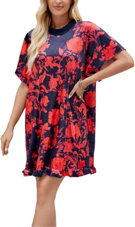 Women's Summer Vintage Velvet Dress Floral Printed Mini Flowy Dress Round Neck Short Sleeve Dress