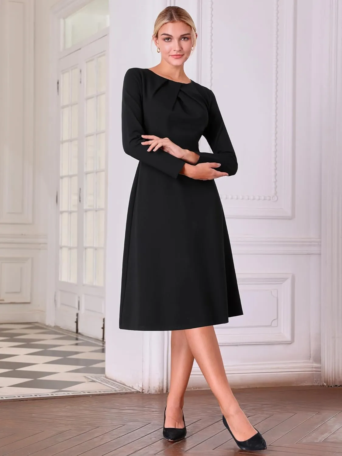 Women's Winter Dress Funeral A-Line Midi Long Sleeve Dress