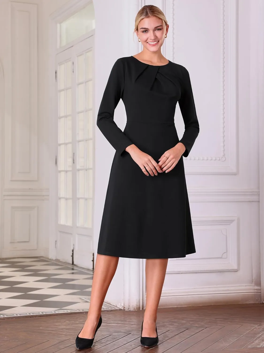 Women's Winter Dress Funeral A-Line Midi Long Sleeve Dress