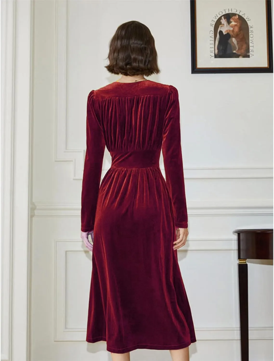 xxxiticat Women's Puff Sleeve Velvet Dress Long Lantern Sleeve V Neck Button Ruffle Pleated Single Breasted Maxi Party Dress