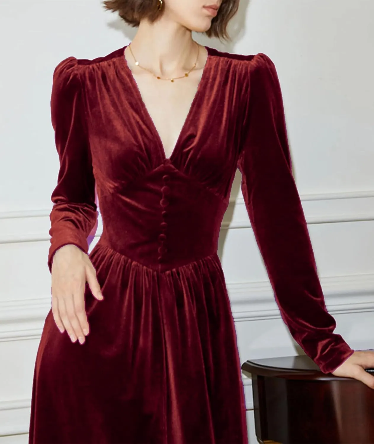 xxxiticat Women's Puff Sleeve Velvet Dress Long Lantern Sleeve V Neck Button Ruffle Pleated Single Breasted Maxi Party Dress