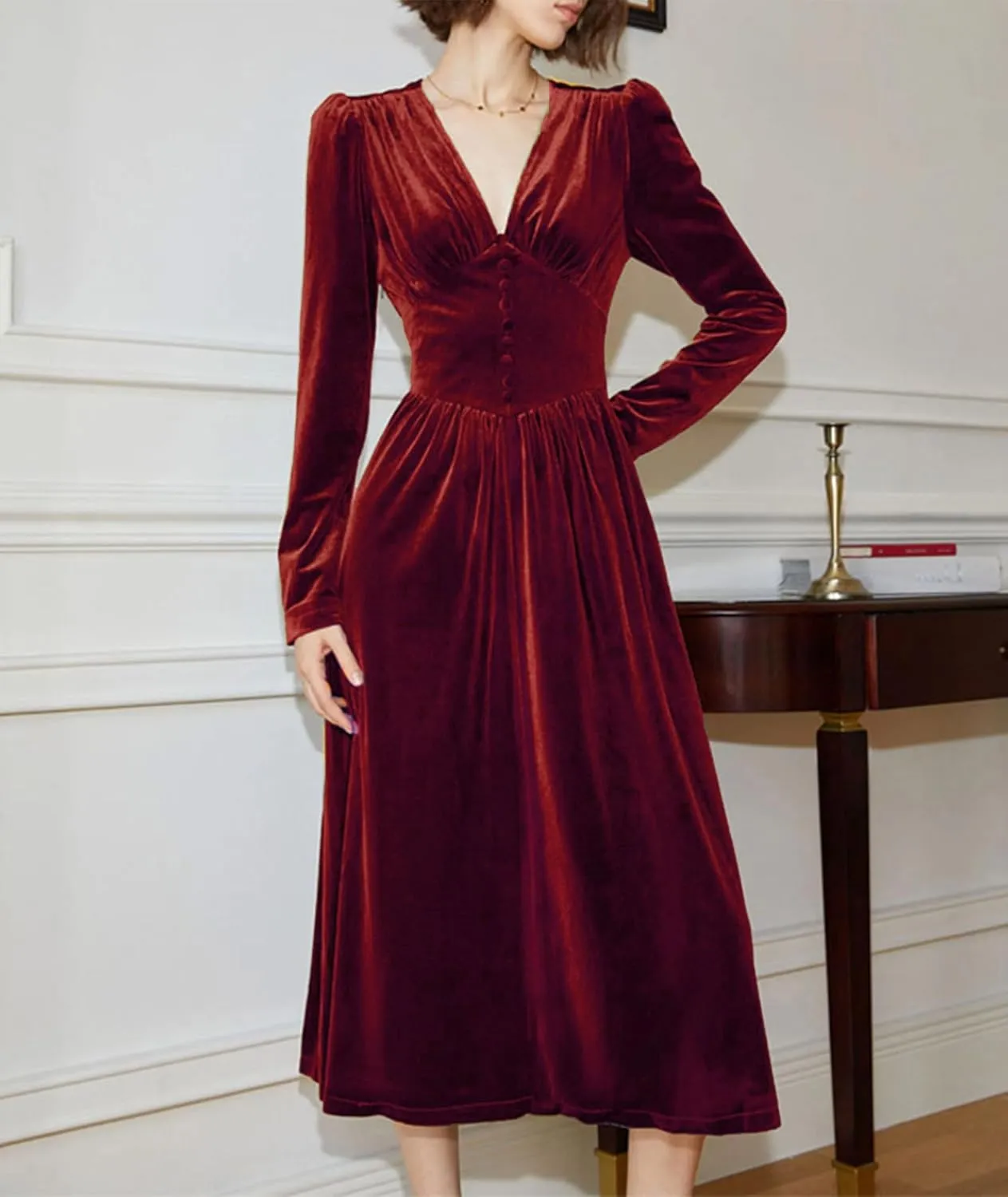 xxxiticat Women's Puff Sleeve Velvet Dress Long Lantern Sleeve V Neck Button Ruffle Pleated Single Breasted Maxi Party Dress
