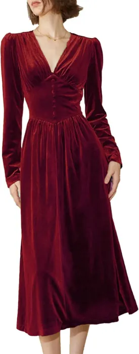 xxxiticat Women's Puff Sleeve Velvet Dress Long Lantern Sleeve V Neck Button Ruffle Pleated Single Breasted Maxi Party Dress