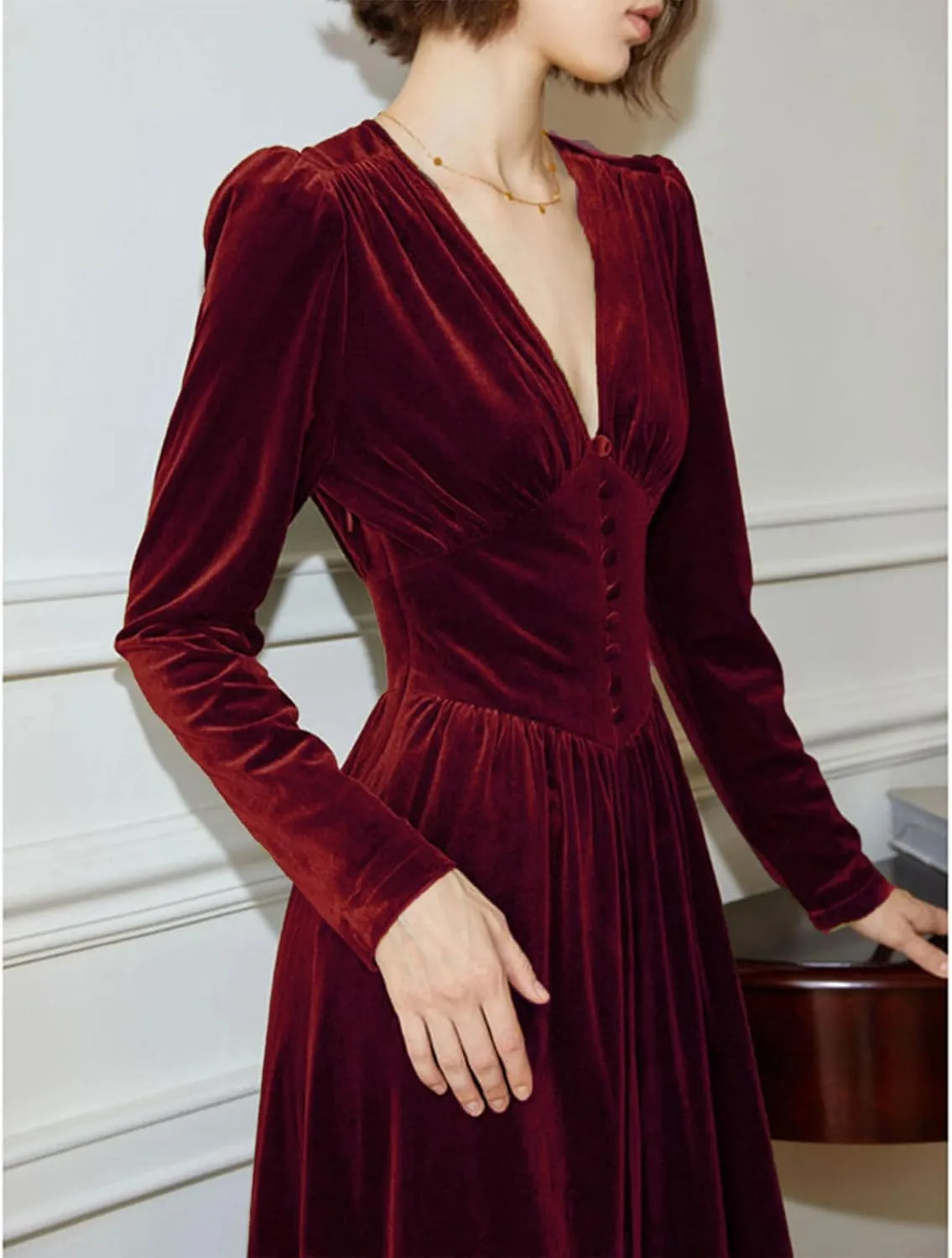xxxiticat Women's Puff Sleeve Velvet Dress Long Lantern Sleeve V Neck Button Ruffle Pleated Single Breasted Maxi Party Dress