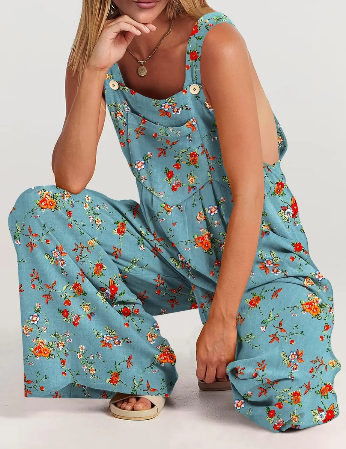 YESNO Overalls for Women Casual Loose Summer Rompers Boho Floral Adjustable Straps Wide Leg Jumpsuits with Pockets PQ2