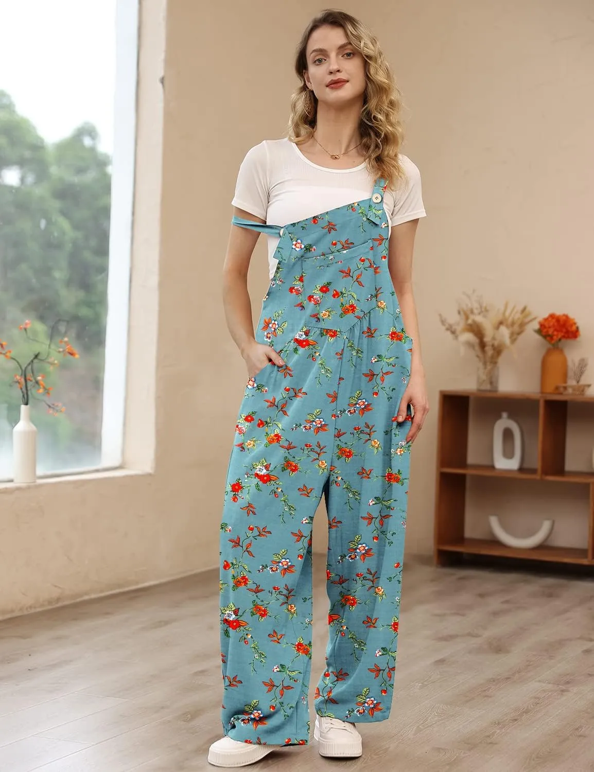 YESNO Overalls for Women Casual Loose Summer Rompers Boho Floral Adjustable Straps Wide Leg Jumpsuits with Pockets PQ2