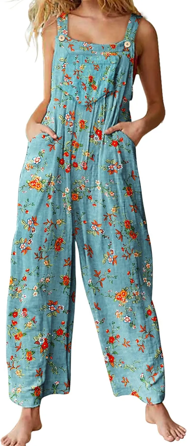 YESNO Overalls for Women Casual Loose Summer Rompers Boho Floral Adjustable Straps Wide Leg Jumpsuits with Pockets PQ2