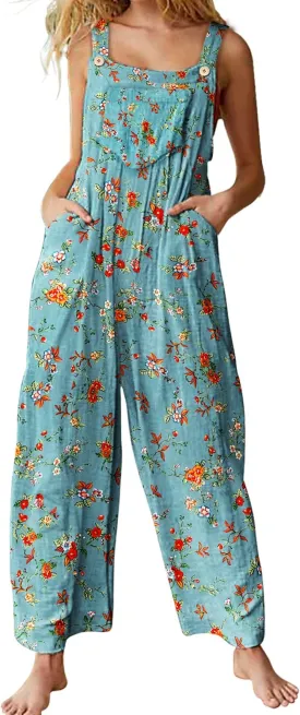 YESNO Overalls for Women Casual Loose Summer Rompers Boho Floral Adjustable Straps Wide Leg Jumpsuits with Pockets PQ2