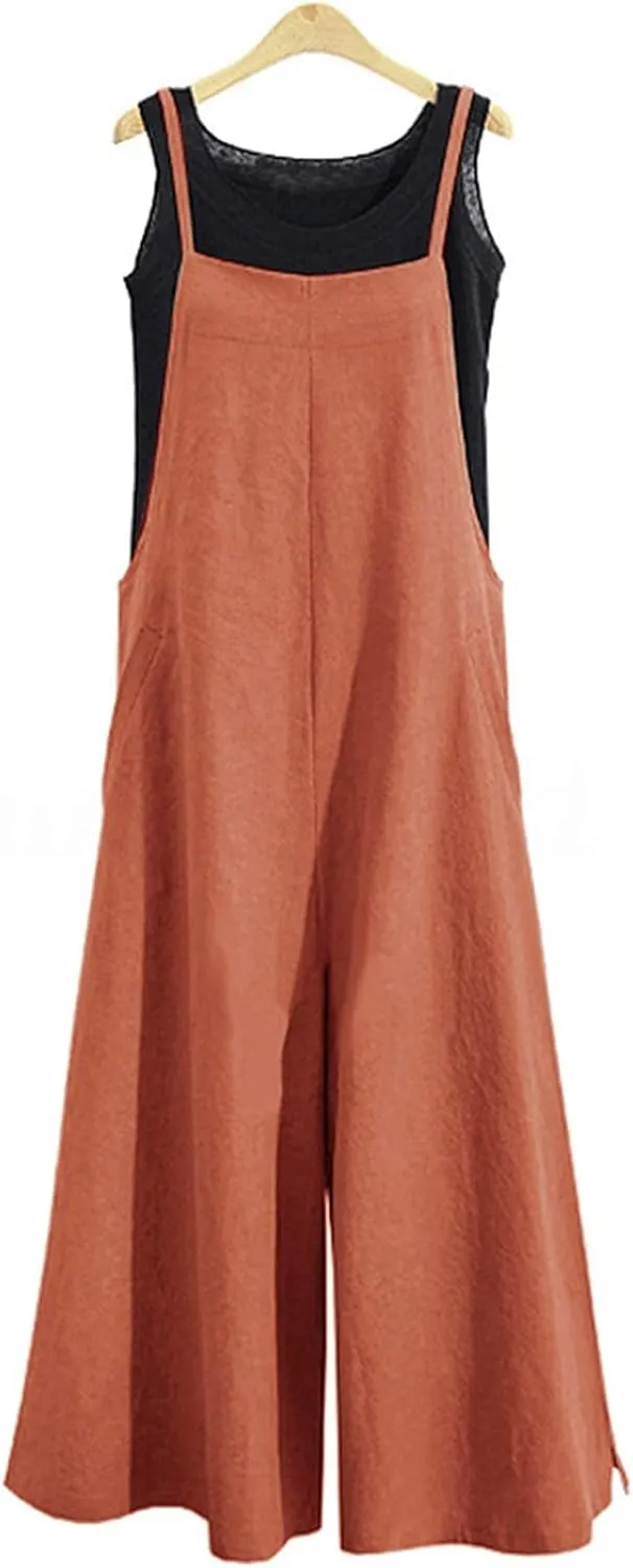 YESNO Women Casual Loose Long Bib Pants Wide Leg Jumpsuits Baggy Cotton Rompers Overalls with Pockets PZZTYP2