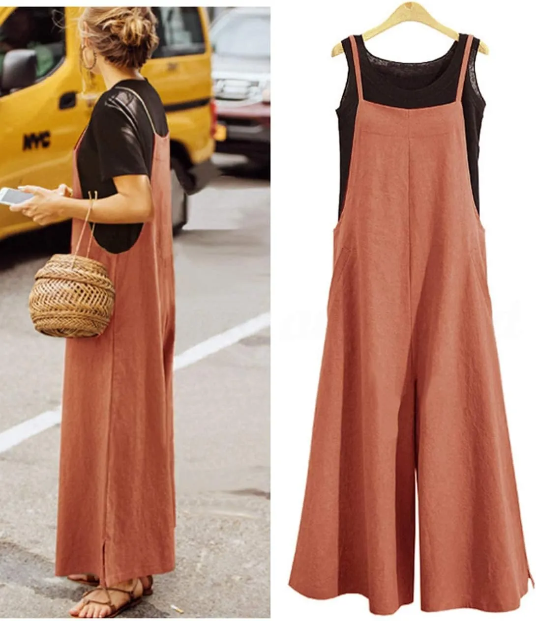 YESNO Women Casual Loose Long Bib Pants Wide Leg Jumpsuits Baggy Cotton Rompers Overalls with Pockets PZZTYP2