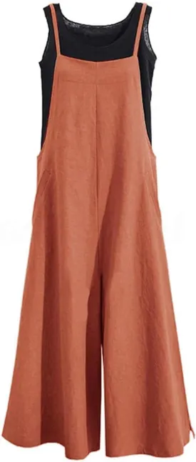 YESNO Women Casual Loose Long Bib Pants Wide Leg Jumpsuits Baggy Cotton Rompers Overalls with Pockets PZZTYP2