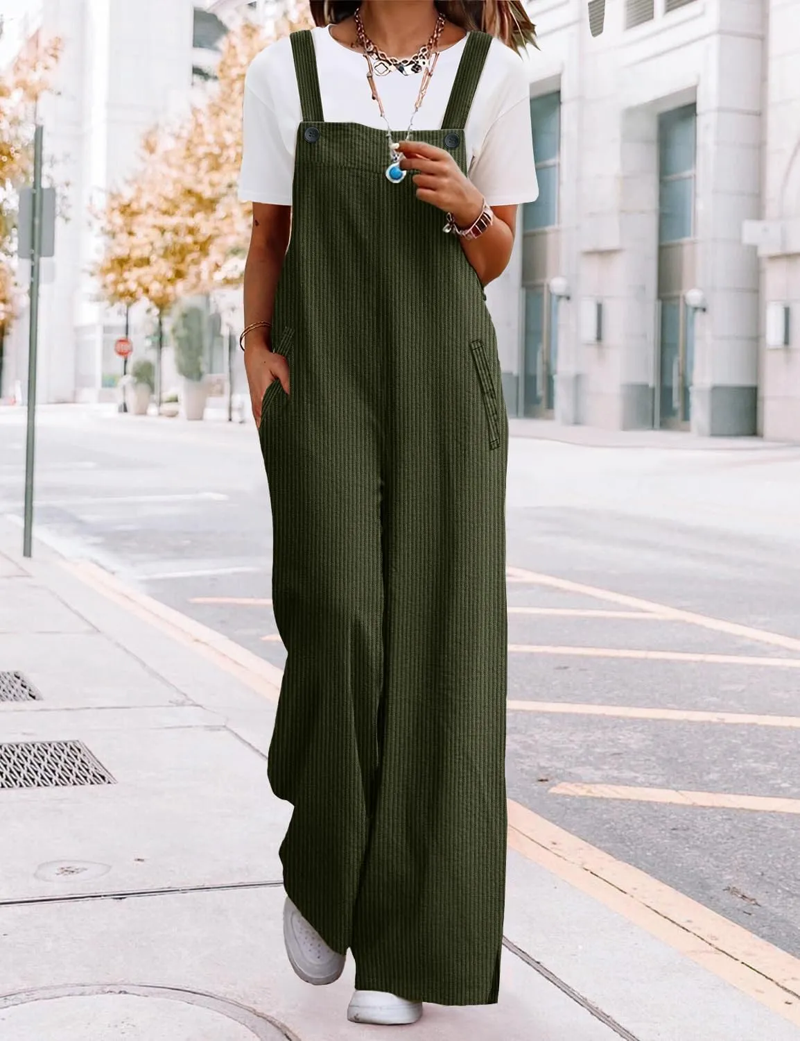 YESNO Women's Casual Corduroy Overalls Adjustable Straps Baggy Pants Wide Leg Jumpsuits with Pockets PC2