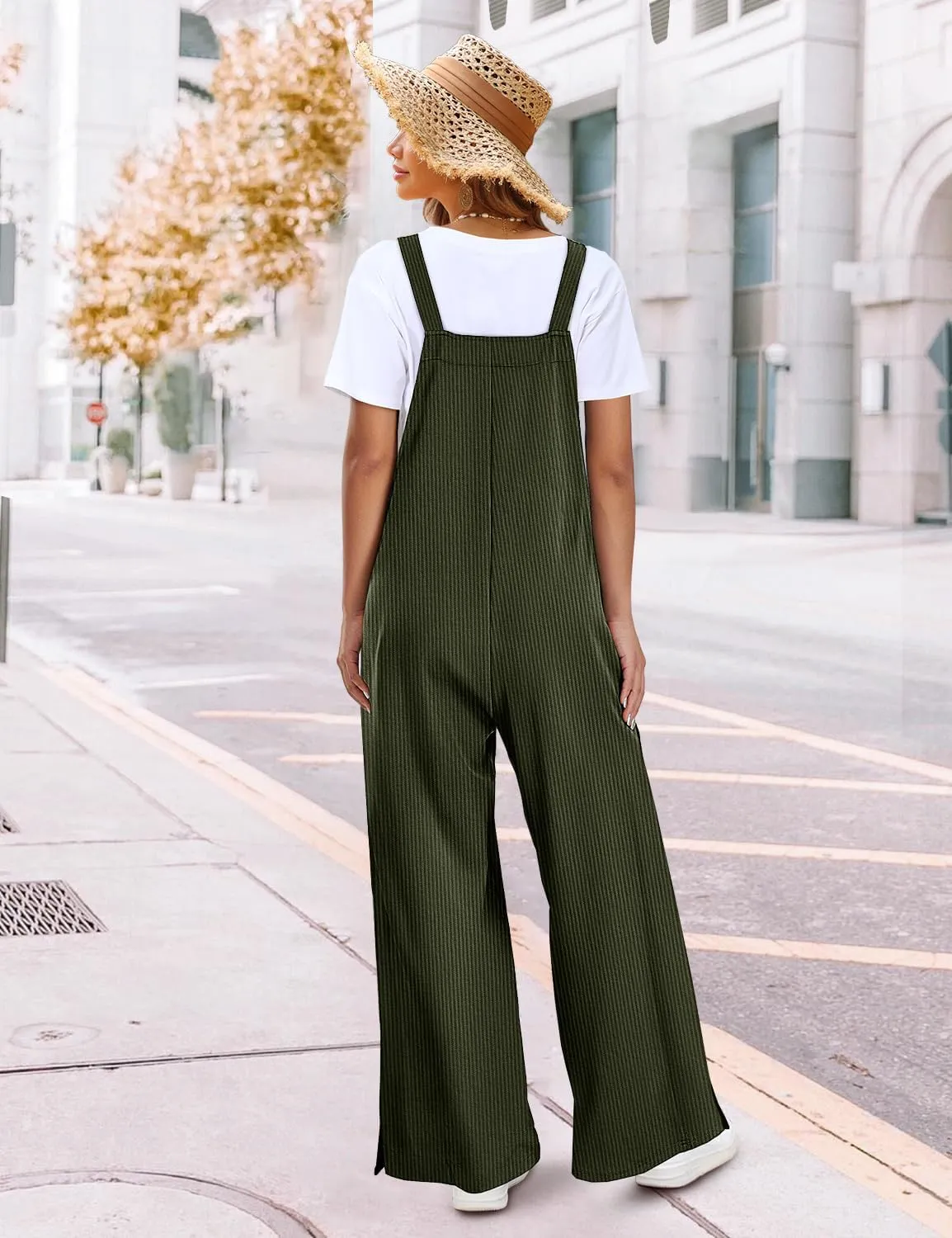 YESNO Women's Casual Corduroy Overalls Adjustable Straps Baggy Pants Wide Leg Jumpsuits with Pockets PC2