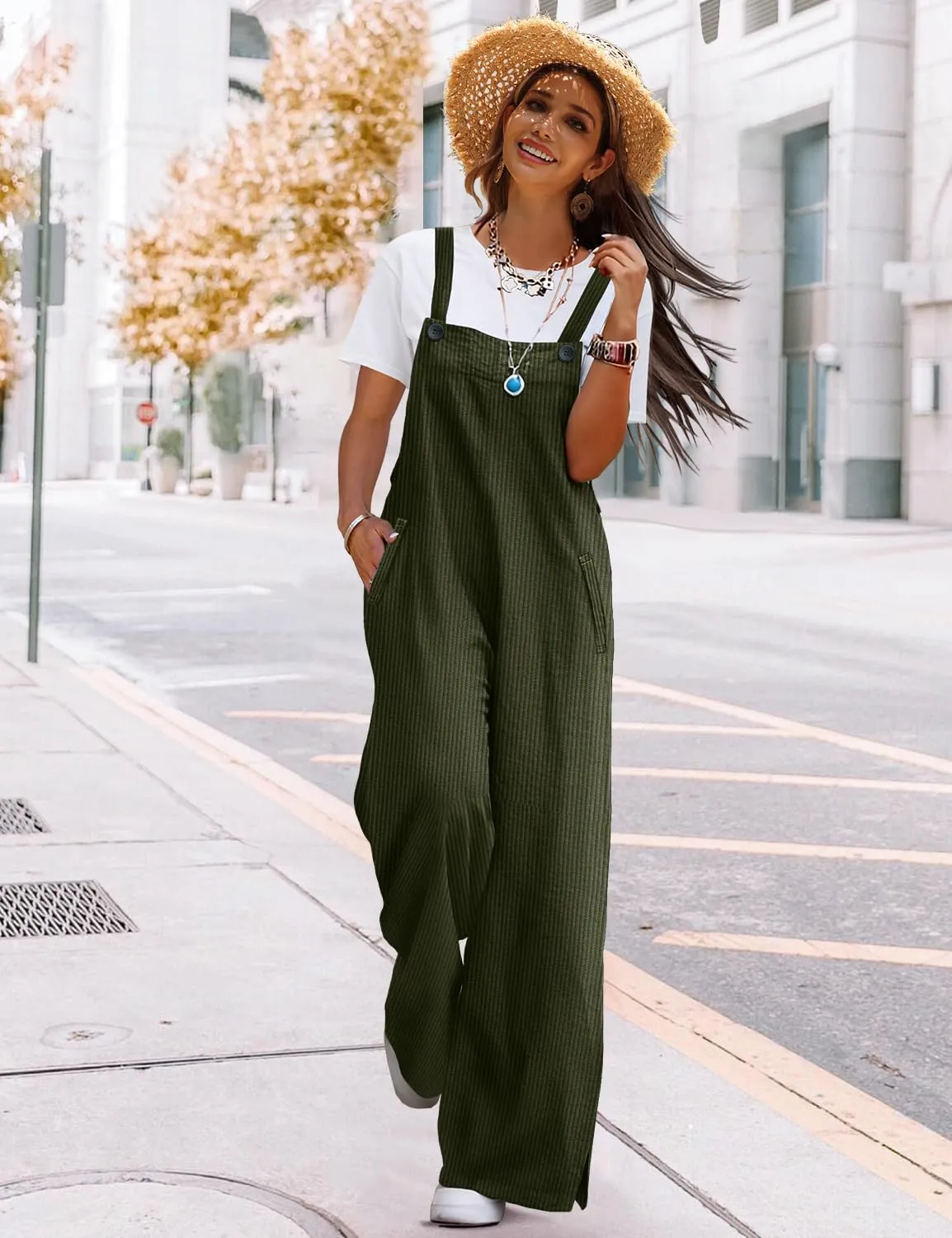 YESNO Women's Casual Corduroy Overalls Adjustable Straps Baggy Pants Wide Leg Jumpsuits with Pockets PC2