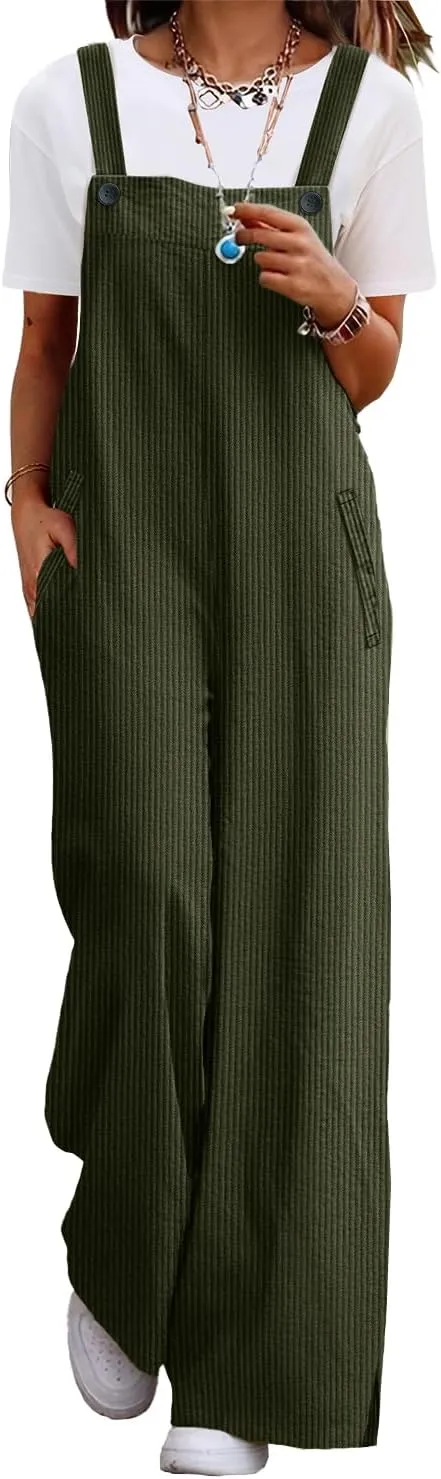 YESNO Women's Casual Corduroy Overalls Adjustable Straps Baggy Pants Wide Leg Jumpsuits with Pockets PC2