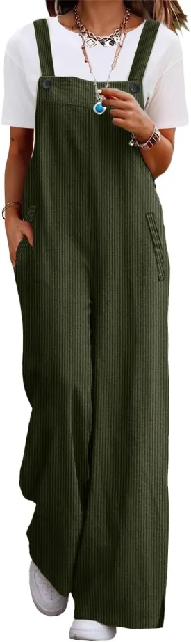 YESNO Women's Casual Corduroy Overalls Adjustable Straps Baggy Pants Wide Leg Jumpsuits with Pockets PC2