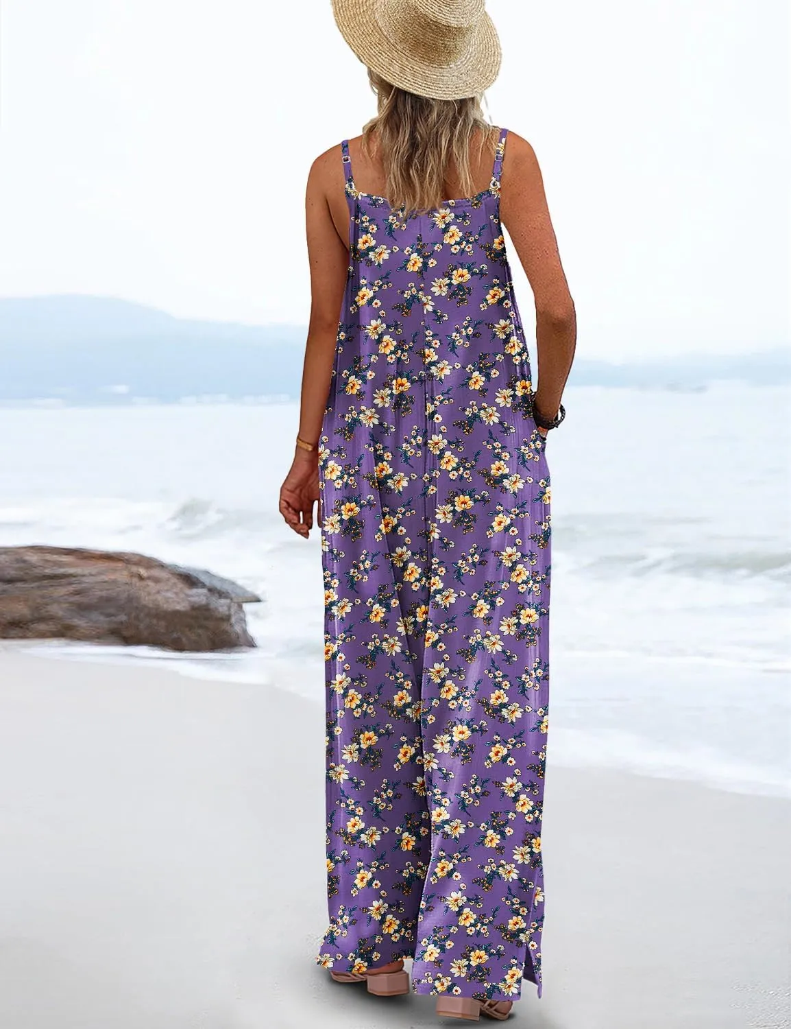 YESNO Women's Summer Boho Casual Jumpsuits Wide Leg Overalls Floral Print Baggy Rompers with Pockets PZZCR