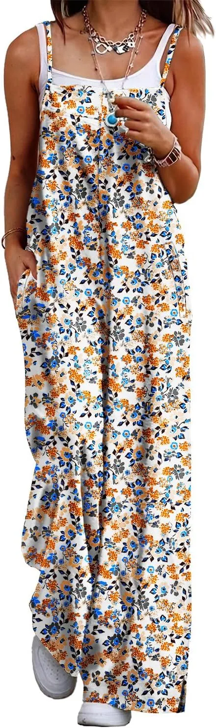 YESNO Women's Summer Boho Casual Jumpsuits Wide Leg Overalls Floral Print Baggy Rompers with Pockets PZZCR