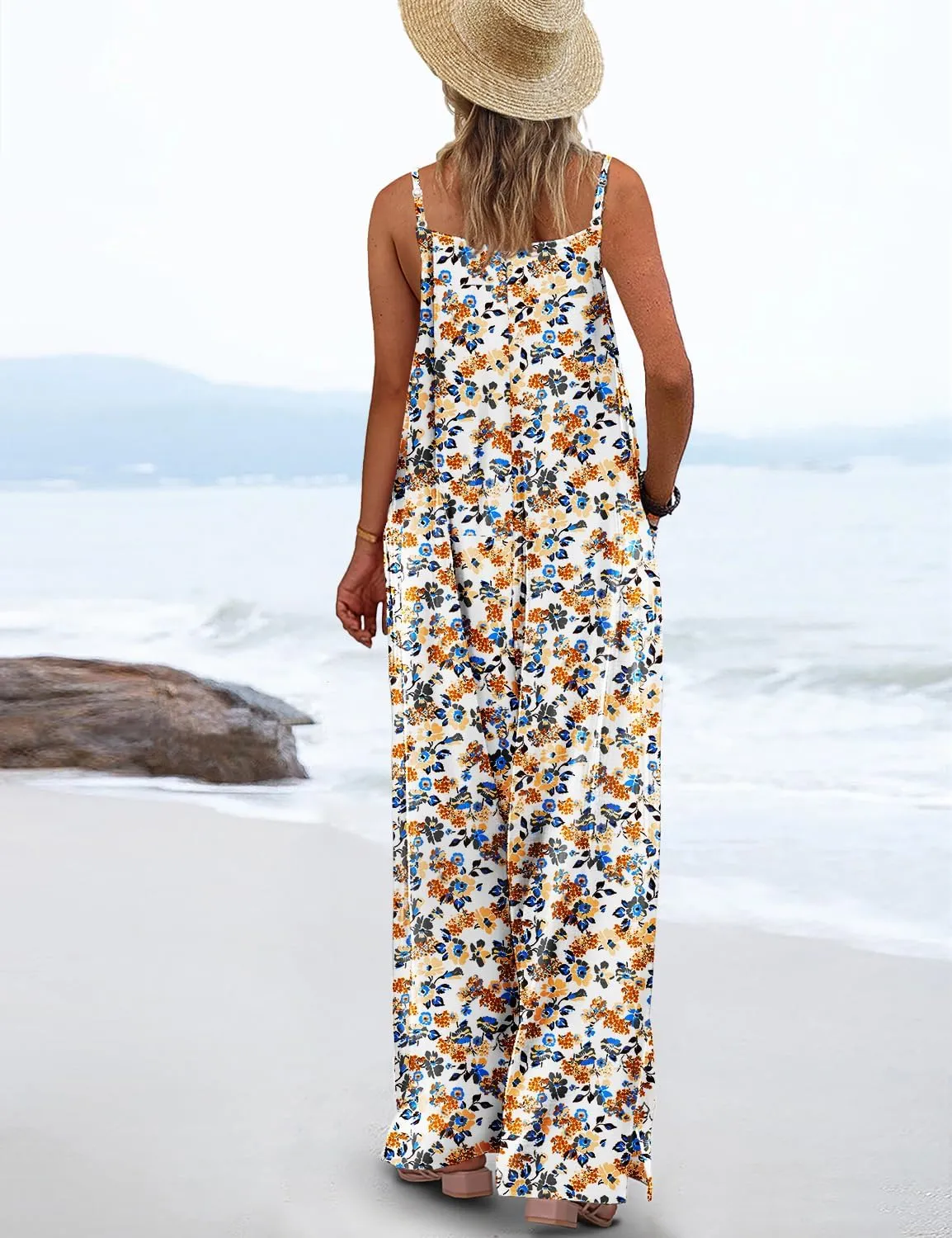 YESNO Women's Summer Boho Casual Jumpsuits Wide Leg Overalls Floral Print Baggy Rompers with Pockets PZZCR