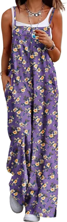 YESNO Women's Summer Boho Casual Jumpsuits Wide Leg Overalls Floral Print Baggy Rompers with Pockets PZZCR