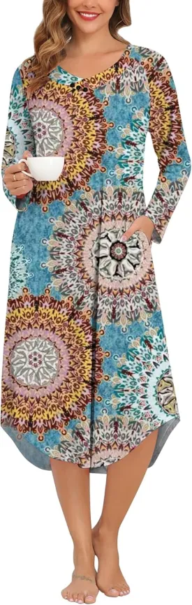 YOZLY Nightgowns for Women Short Sleeve Long Night Gowns Soft V Neck Sleepwear with Pockets