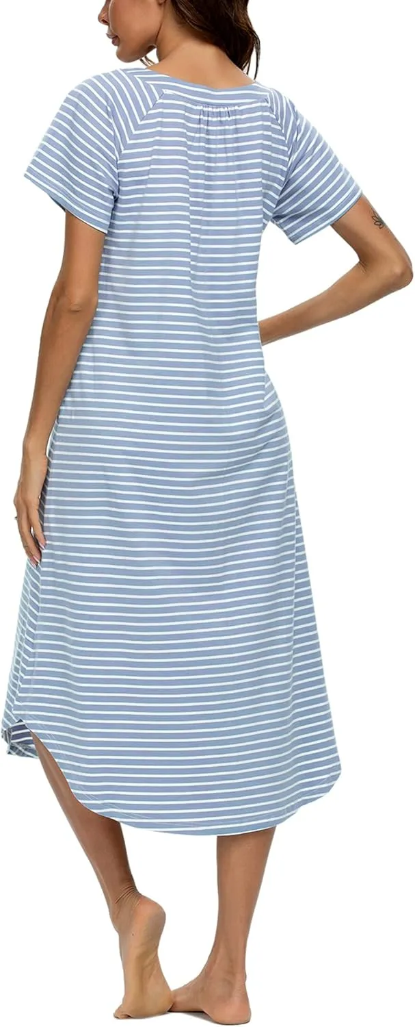 YOZLY Nightgowns for Women Short Sleeve Long Night Gowns Soft V Neck Sleepwear with Pockets