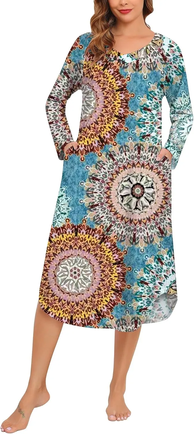 YOZLY Nightgowns for Women Short Sleeve Long Night Gowns Soft V Neck Sleepwear with Pockets