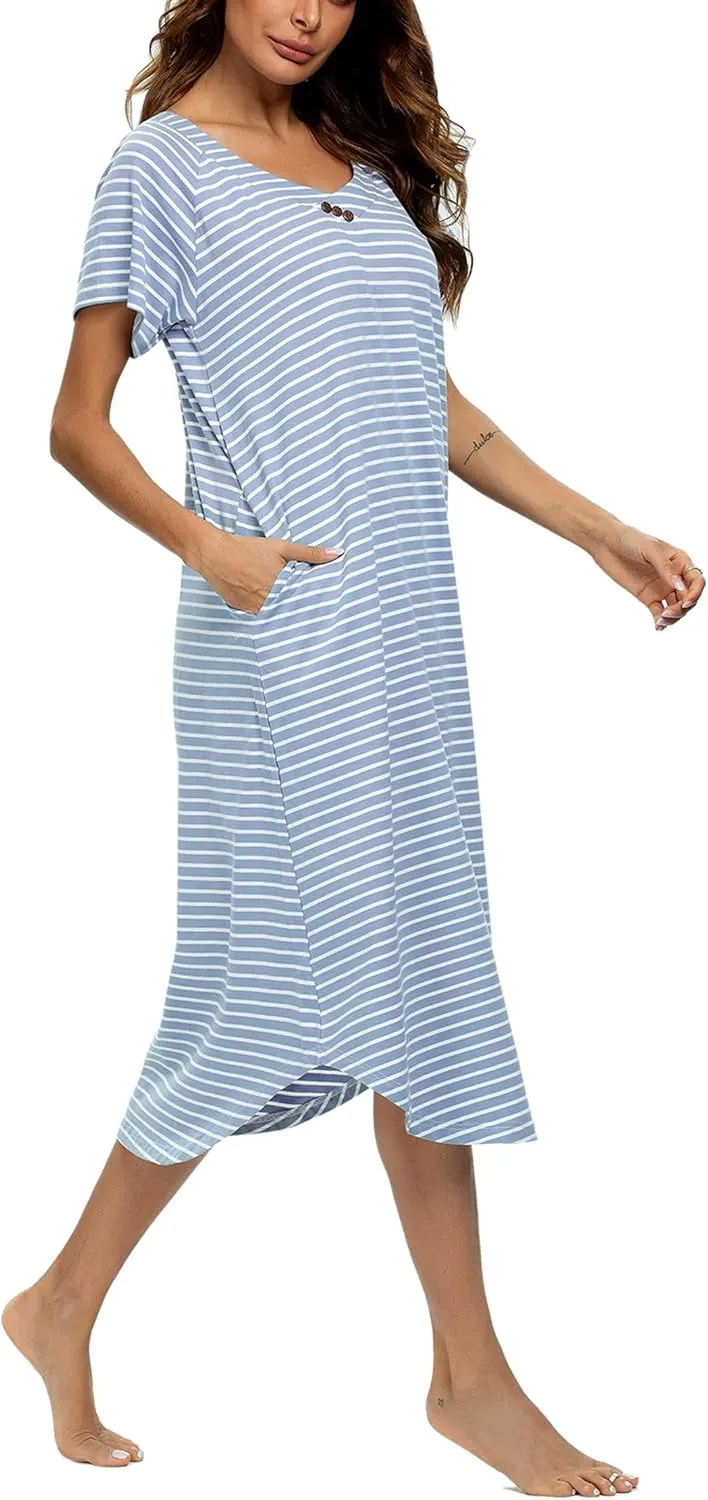 YOZLY Nightgowns for Women Short Sleeve Long Night Gowns Soft V Neck Sleepwear with Pockets