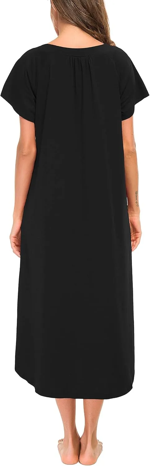 YOZLY Nightgowns for Women Short Sleeve Long Night Gowns Soft V Neck Sleepwear with Pockets