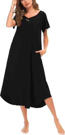 YOZLY Nightgowns for Women Short Sleeve Long Night Gowns Soft V Neck Sleepwear with Pockets