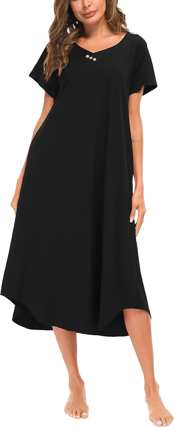 YOZLY Nightgowns for Women Short Sleeve Long Night Gowns Soft V Neck Sleepwear with Pockets
