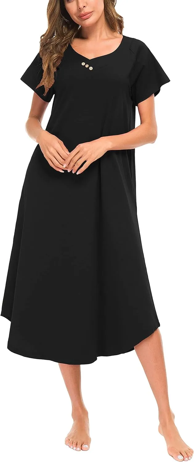 YOZLY Nightgowns for Women Short Sleeve Long Night Gowns Soft V Neck Sleepwear with Pockets