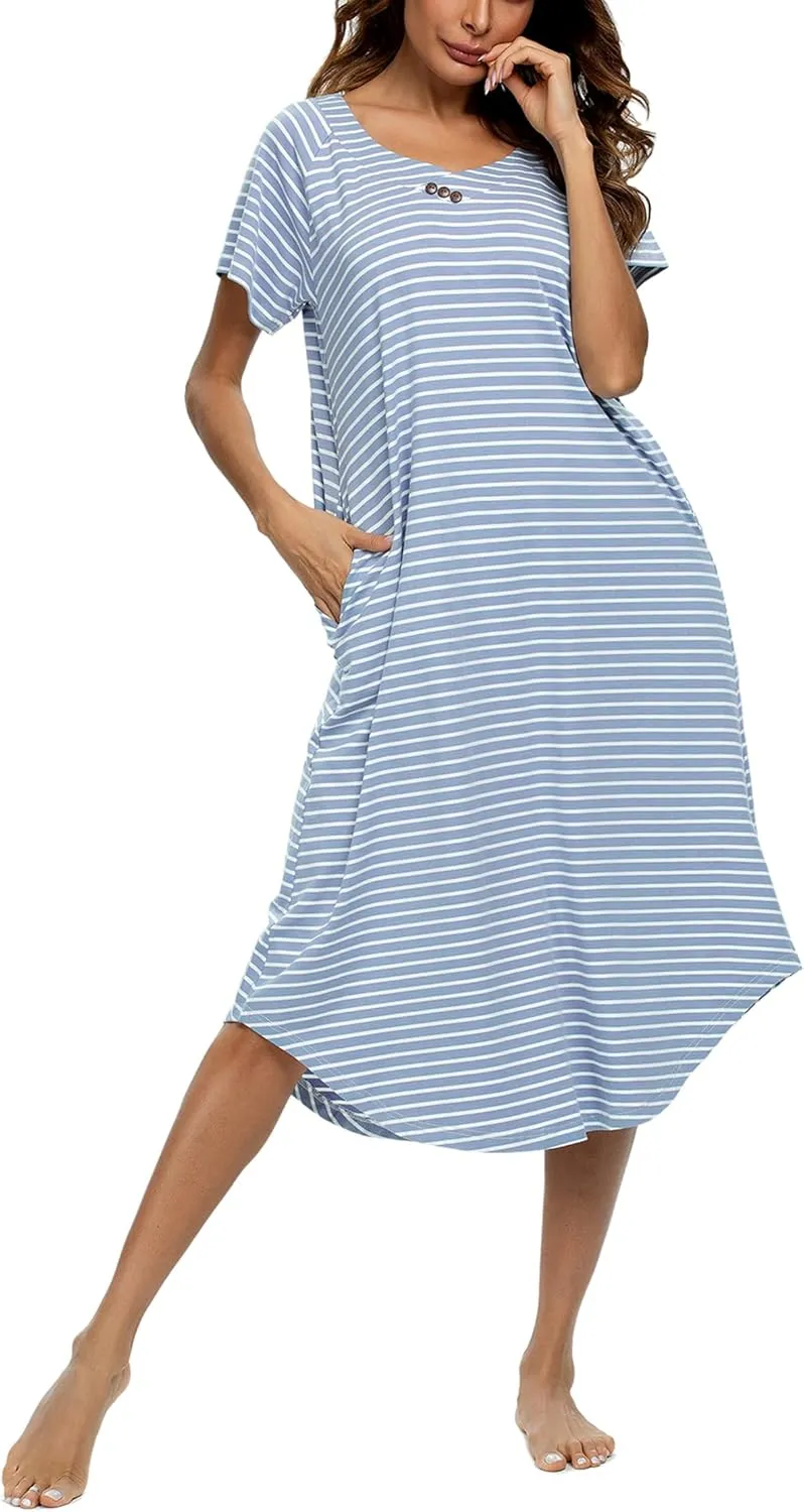 YOZLY Nightgowns for Women Short Sleeve Long Night Gowns Soft V Neck Sleepwear with Pockets