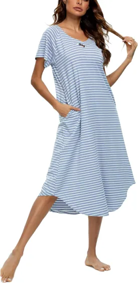 YOZLY Nightgowns for Women Short Sleeve Long Night Gowns Soft V Neck Sleepwear with Pockets