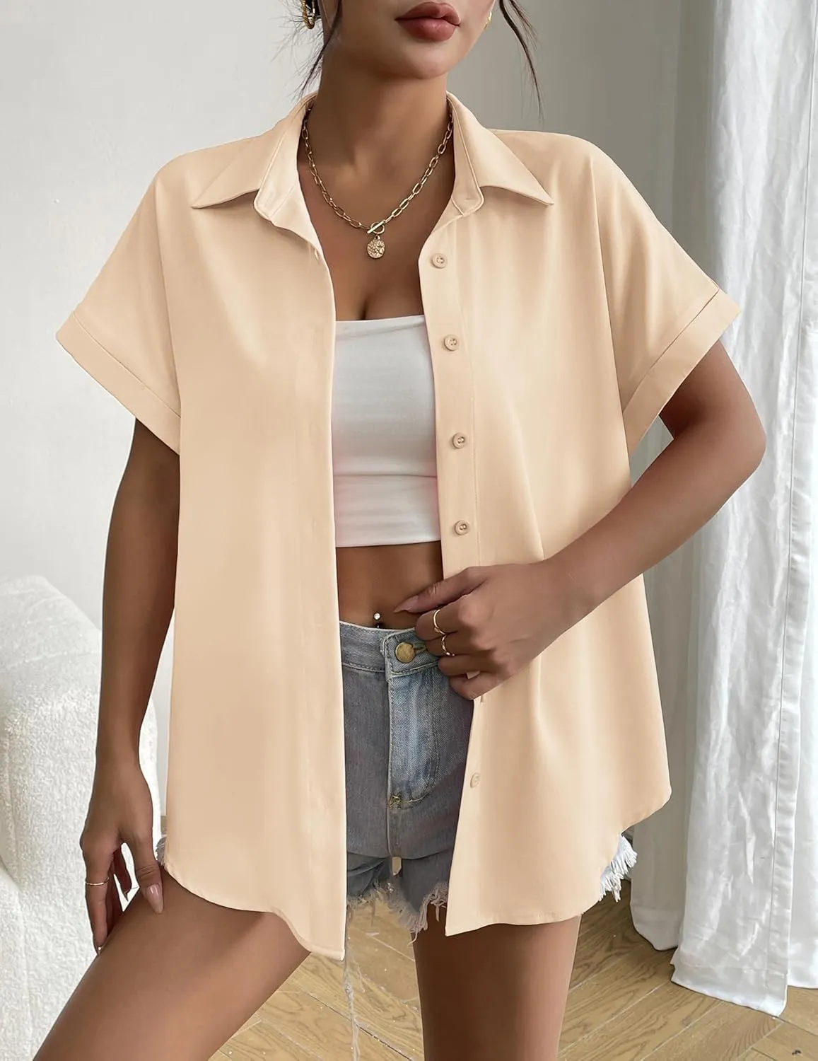 Zeagoo Short Sleeve Summer Tops for Women Casual Button Down Shirts Solid/Striped Business Work Blouses