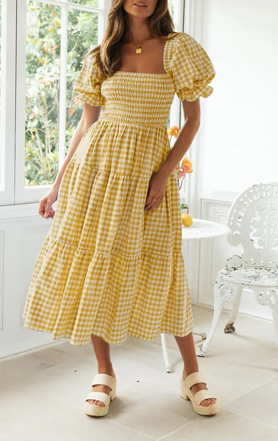 ZESICA Women's 2025 Bohemian Summer Plaid Square Neck Puff Sleeve Ruffle Flowy Beach Midi Dress