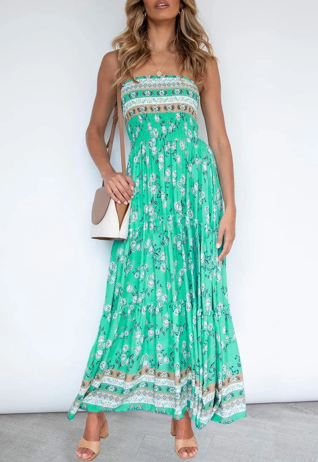 ZESICA Women's Summer Strapless Dress Off Shoulder Sleeveless High Waist Solid Color Beach Long Dresses