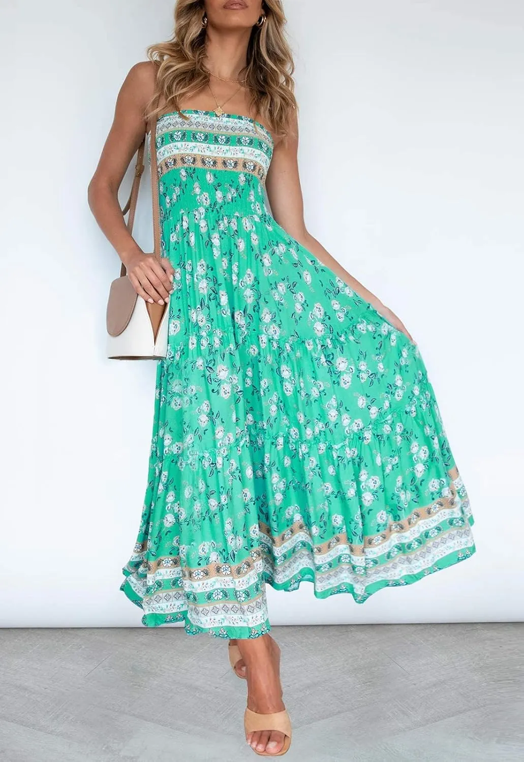 ZESICA Women's Summer Strapless Dress Off Shoulder Sleeveless High Waist Solid Color Beach Long Dresses