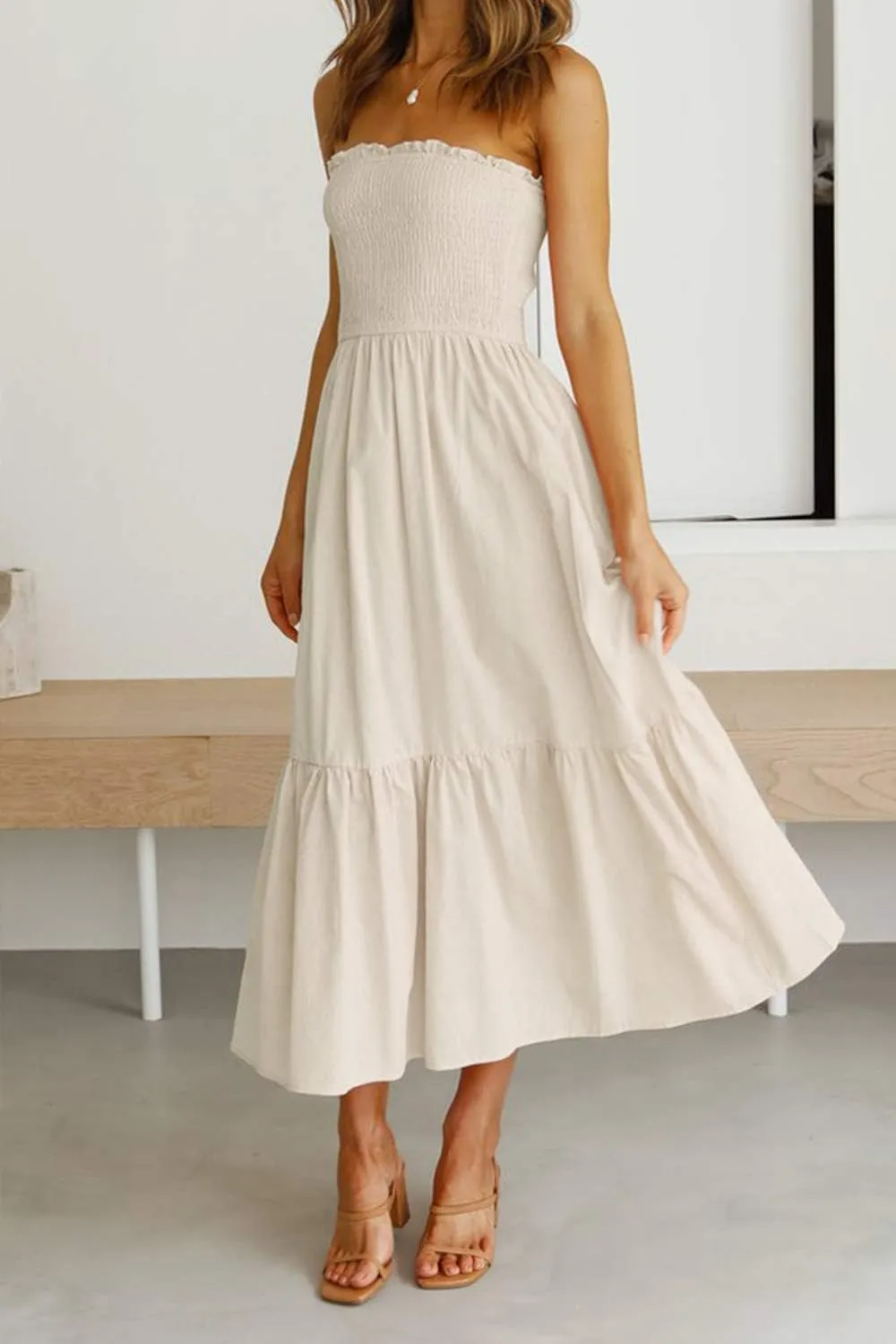 ZESICA Women's Summer Strapless Dress Off Shoulder Sleeveless High Waist Solid Color Beach Long Dresses