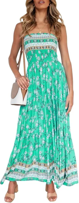 ZESICA Women's Summer Strapless Dress Off Shoulder Sleeveless High Waist Solid Color Beach Long Dresses