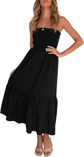 ZESICA Women's Summer Strapless Dress Off Shoulder Sleeveless High Waist Solid Color Beach Long Dresses