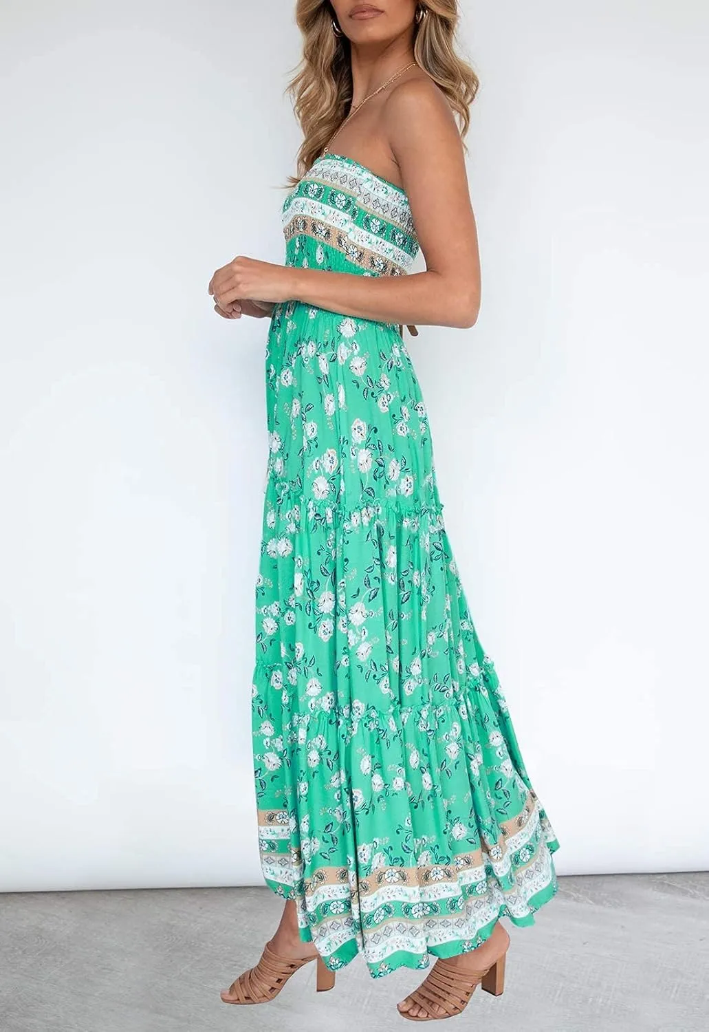 ZESICA Women's Summer Strapless Dress Off Shoulder Sleeveless High Waist Solid Color Beach Long Dresses