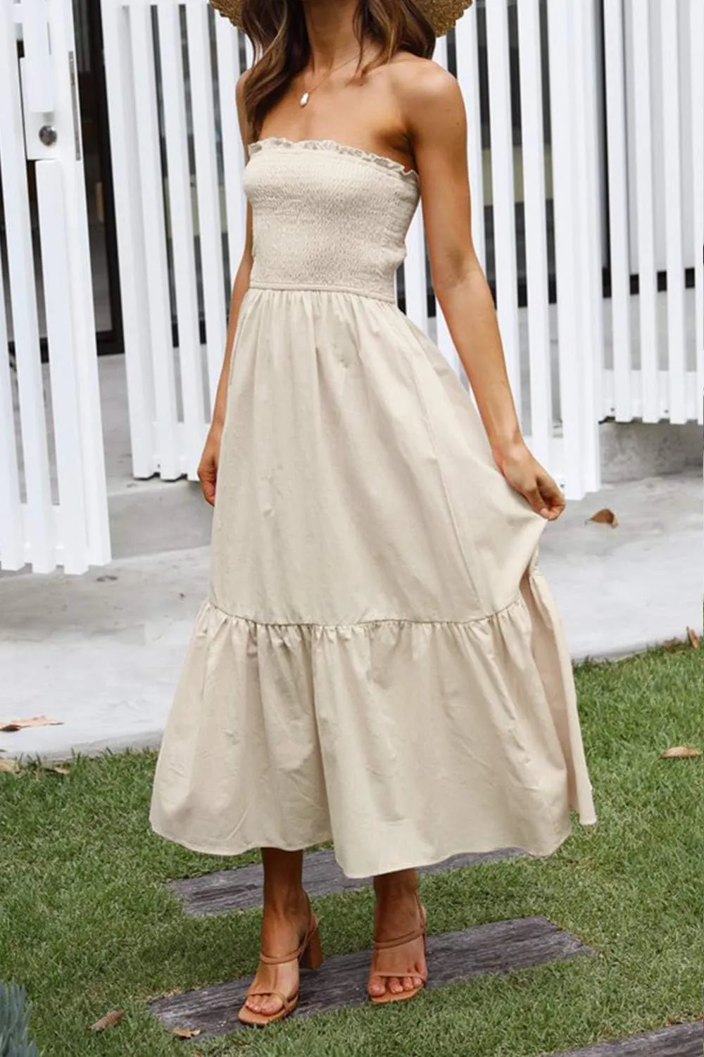 ZESICA Women's Summer Strapless Dress Off Shoulder Sleeveless High Waist Solid Color Beach Long Dresses