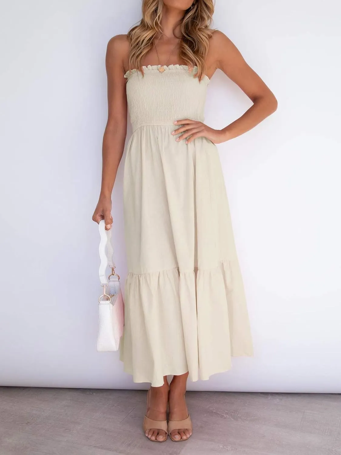 ZESICA Women's Summer Strapless Dress Off Shoulder Sleeveless High Waist Solid Color Beach Long Dresses