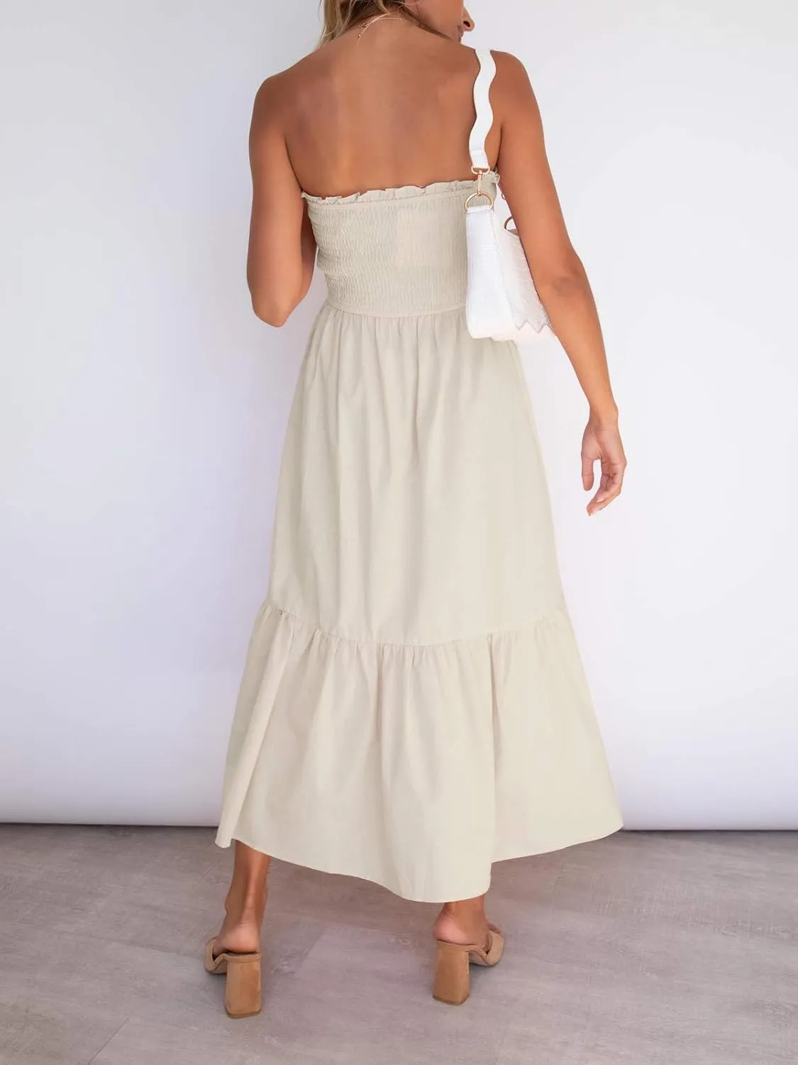 ZESICA Women's Summer Strapless Dress Off Shoulder Sleeveless High Waist Solid Color Beach Long Dresses